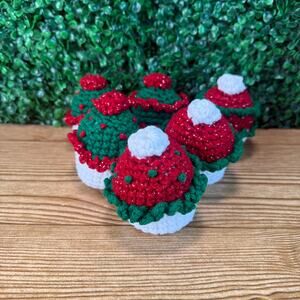 Bundle of 6 Handmade Crochet Christmas Red & Green Cupcake Holiday Decor Gift